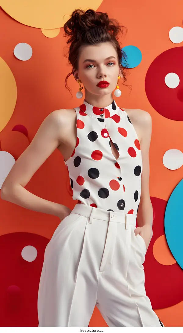 Woman in Polka Dot Blouse and White Pants Posing Against Colorful Background