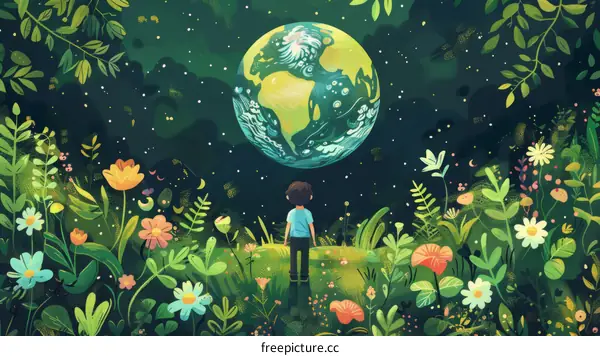 A boy looking at the earth with wonder