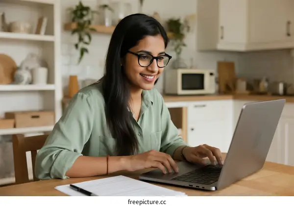 Young Woman Working on Laptop in Modern Kitchen Setting