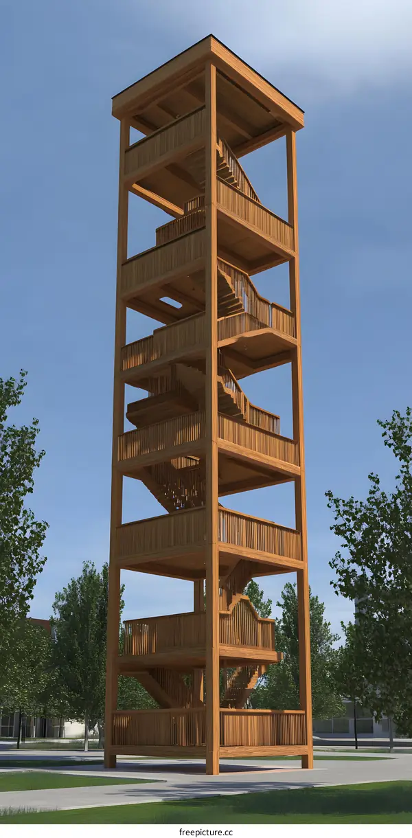 Wooden Observation Tower with Stairs and Balconies