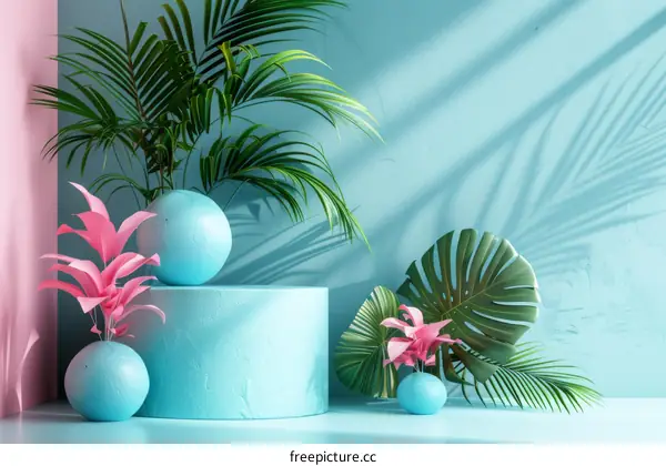 Pastel Tropical Decor Scene with Geometric Shapes