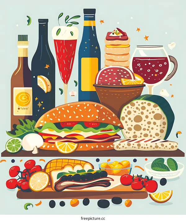 Food Illustration With Sandwiches And Drinks