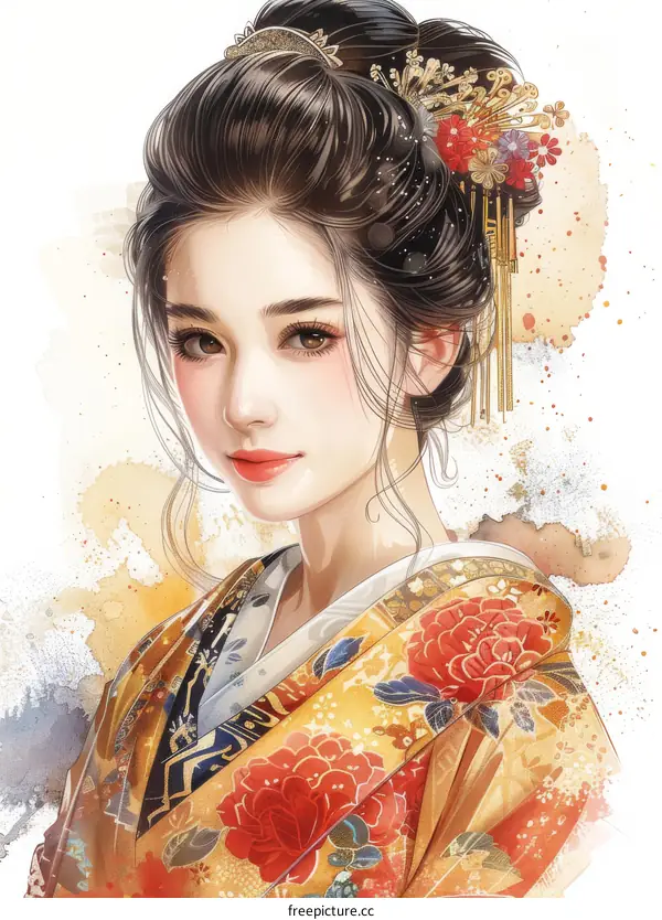 A beautiful Japanese woman in a kimono with a red and white flower in her hair