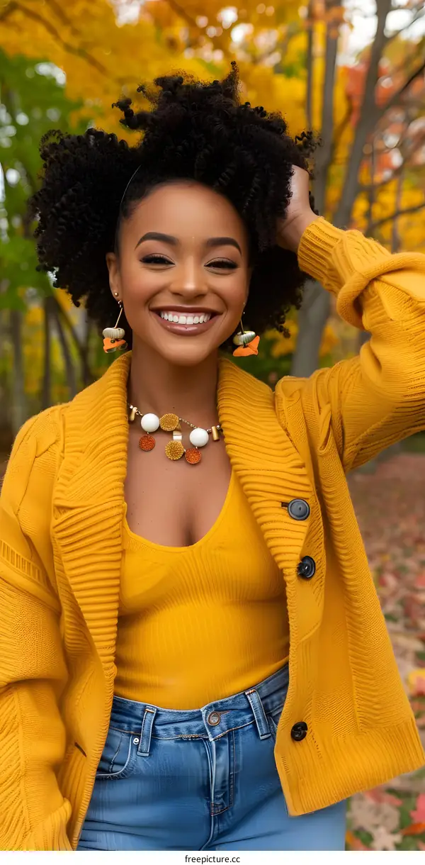 Smiling Woman Wearing a Yellow Cardigan in Fall
