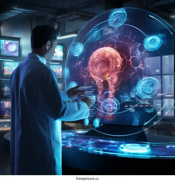 Scientist analyzing data on futuristic interface