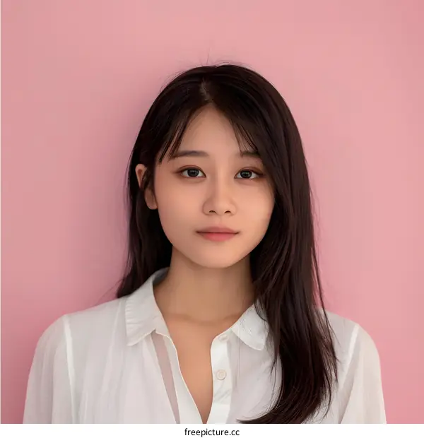 Portrait of a Young Asian Woman with Long Black Hair in a White Shirt Against a Pink Background