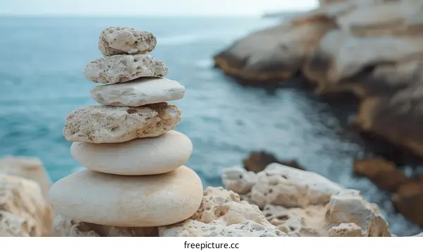 Stack of stones on the beach with the sea in the background