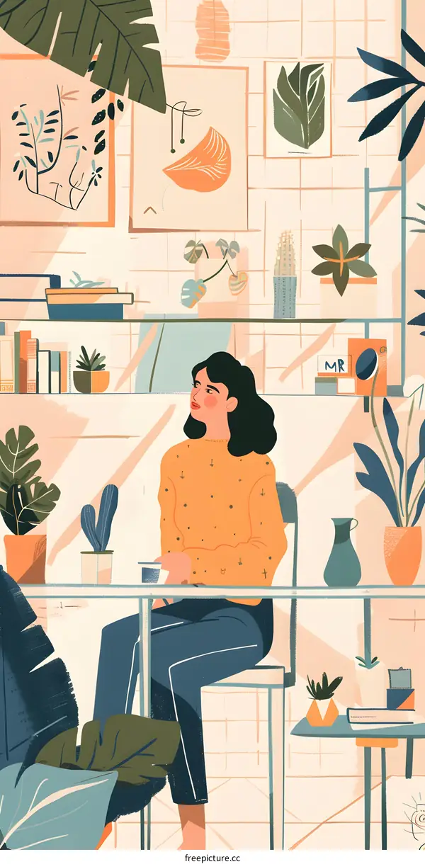 Woman Sitting In A Cafe With Plants And Books