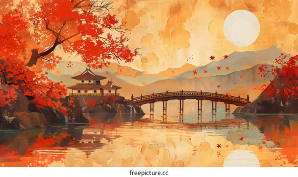 japanese maple leaves and bridge in autumn