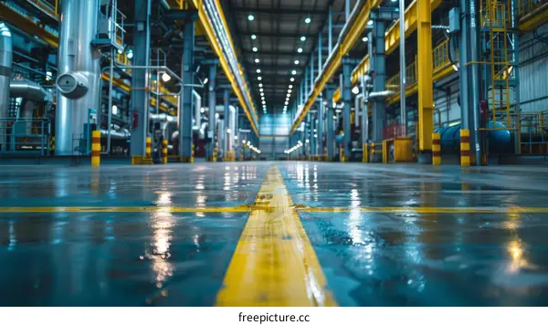 The interior of a large industrial building with pipes and machinery