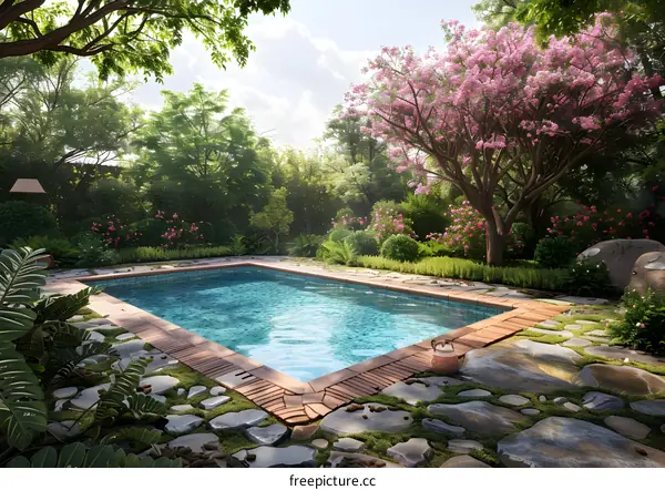 Courtyard with swimming pool and pink flowering tree