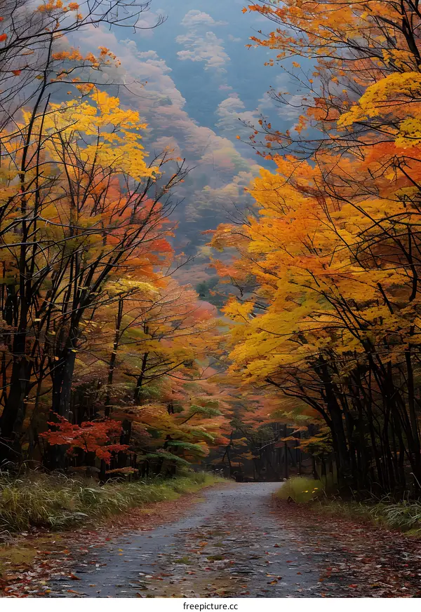 Winding Road through Autumn Forest