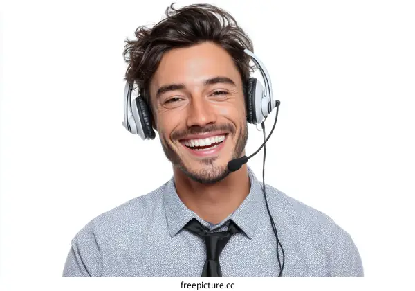 Smiling Caucasian Man Wearing Headphones and Headset