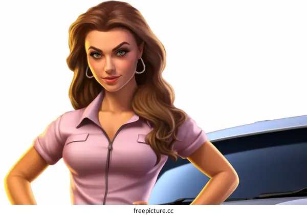 Confident female mechanic standing with hands on hips in front of a car