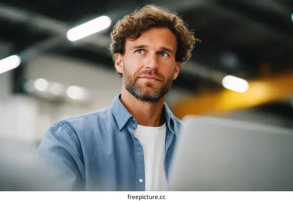 Focused Caucasian Male Working on Laptop