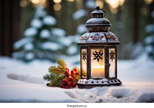 lantern in the snow with blurred background