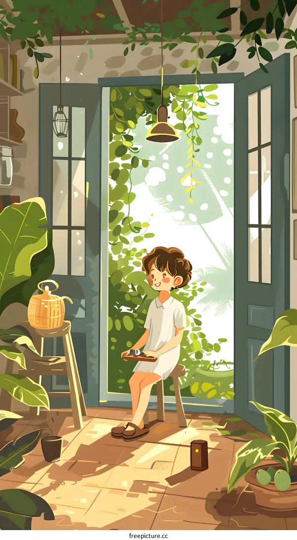 Girl Sitting In A Sunny Porch With Plants