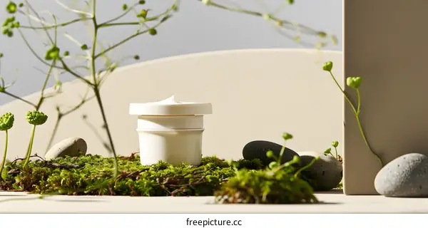 White Cream Jar On Moss With Stones And Plants