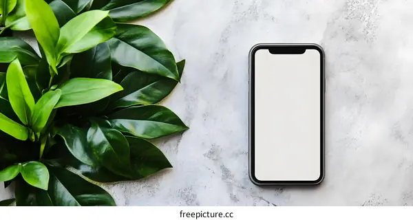 Green Leaves and a Smartphone with Blank Screen on a Grey Background