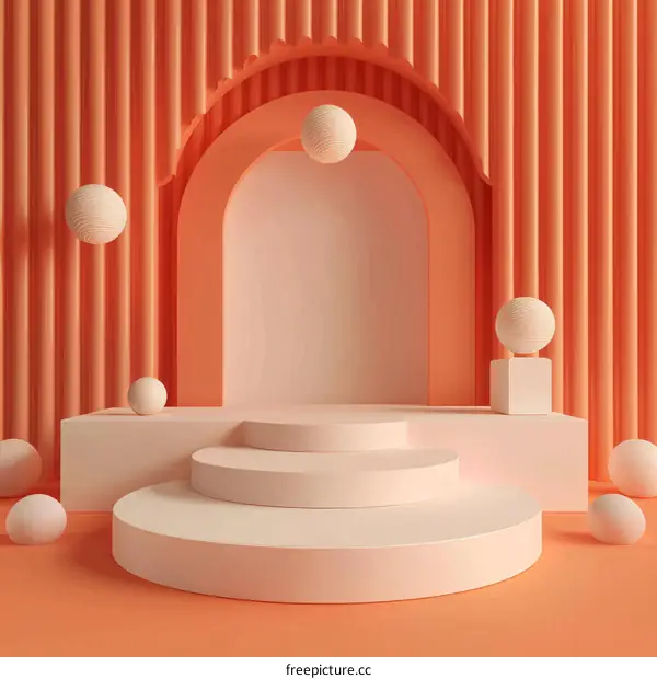 3D rendering of an empty stage with podium, balls, and an arch