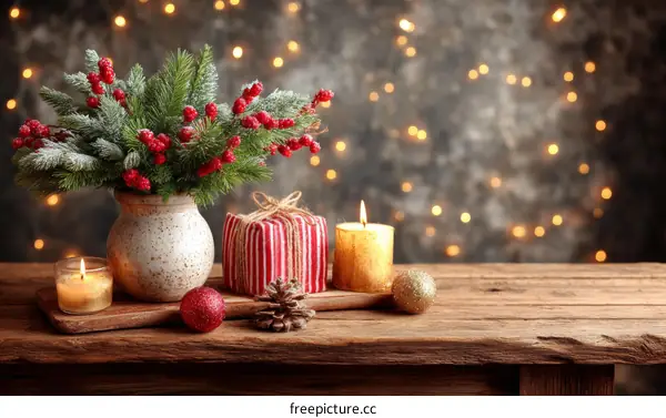 Christmas Decoration on Wooden Table with Lights