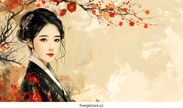 An illustration of a beautiful Asian woman in traditional Korean dress, with red and pink flowers in the background