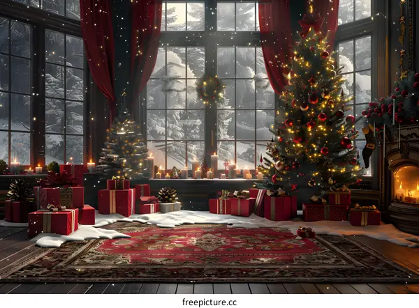 Christmas tree by the fireplace