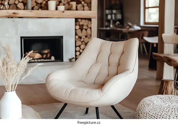Cozy Cream Chair by the Fireplace