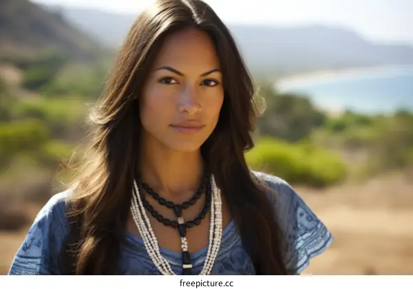 Portrait of a beautiful woman with long dark hair wearing a beaded necklace