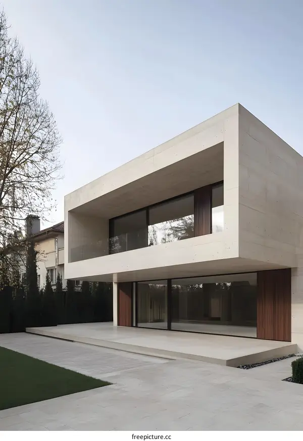 Modern Concrete House Exterior With Large Windows And Patio