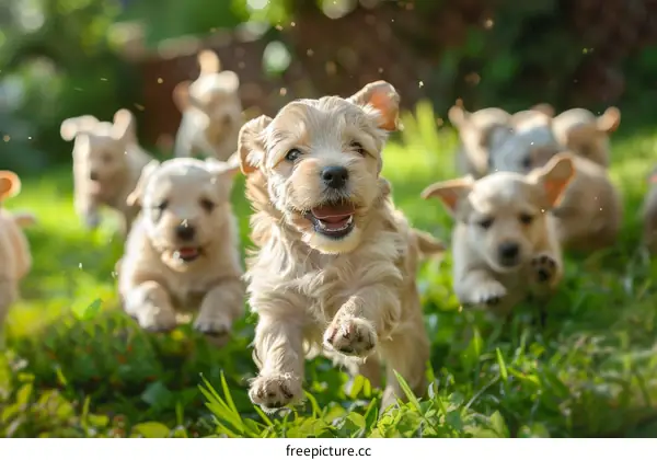 A group of puppies are running on the grass