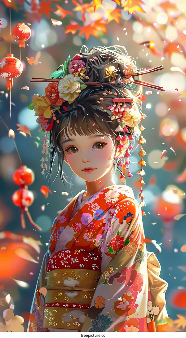 Anime Girl in Traditional Japanese Kimono with Flowers