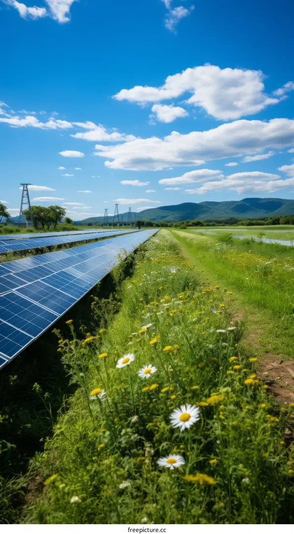 Field of solar panels with beautiful flowers in the foreground