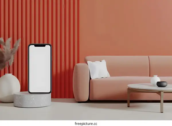 Mockup Of A Smartphone On A Concrete Base With Sofa And Coffee Table In The Background