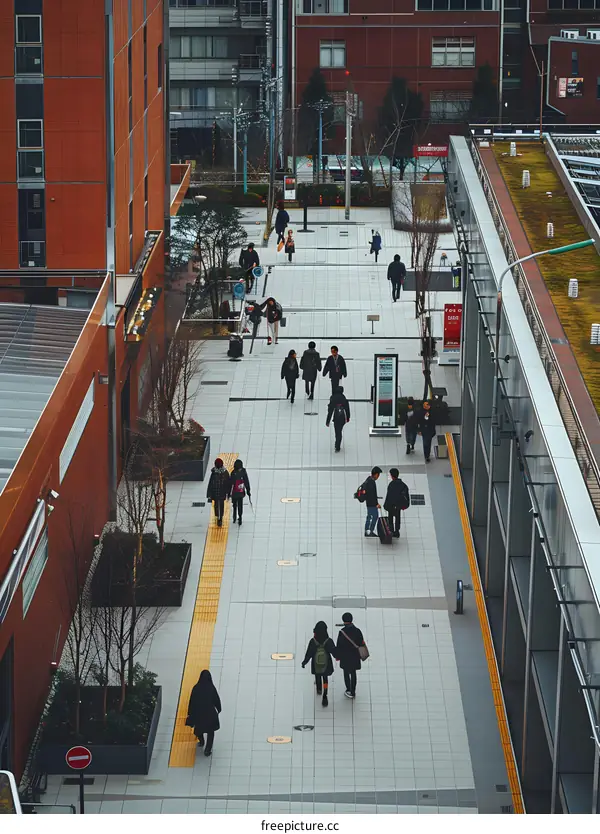 Aerial View of People Walking on a Pedestrian Path in a City