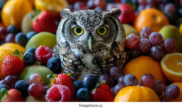 Owl sits among the fruits