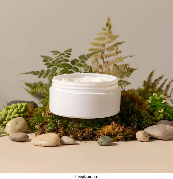 Natural Skincare Cream Jar with Moss and Stones