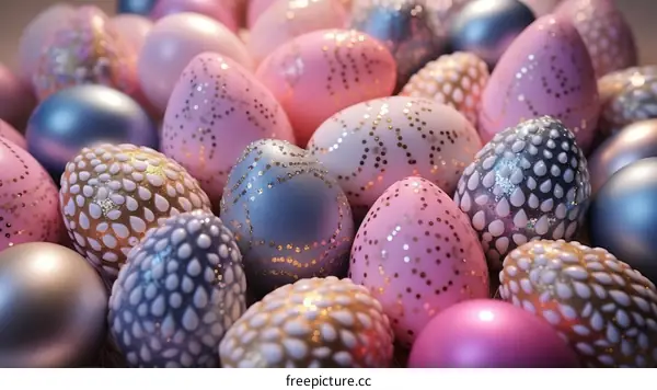 Pink and blue Easter eggs with polka dots and glitter