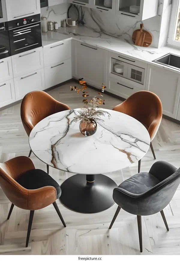 Modern Kitchen Interior Design with Round Marble Table and Chairs