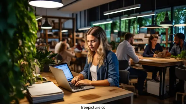 Focused young businesswoman working on laptop in modern office with plants