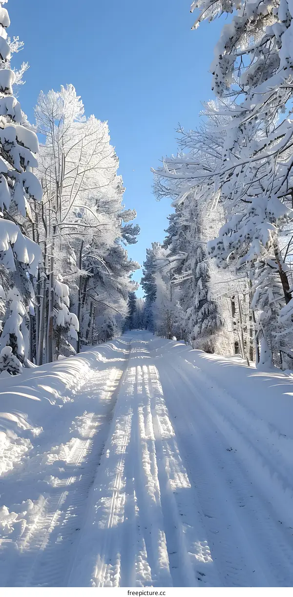 A snow-covered road in the woods