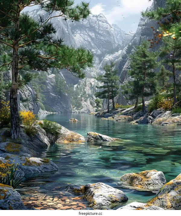 Epic Fantasy Landscape with Lake and Majestic Mountains