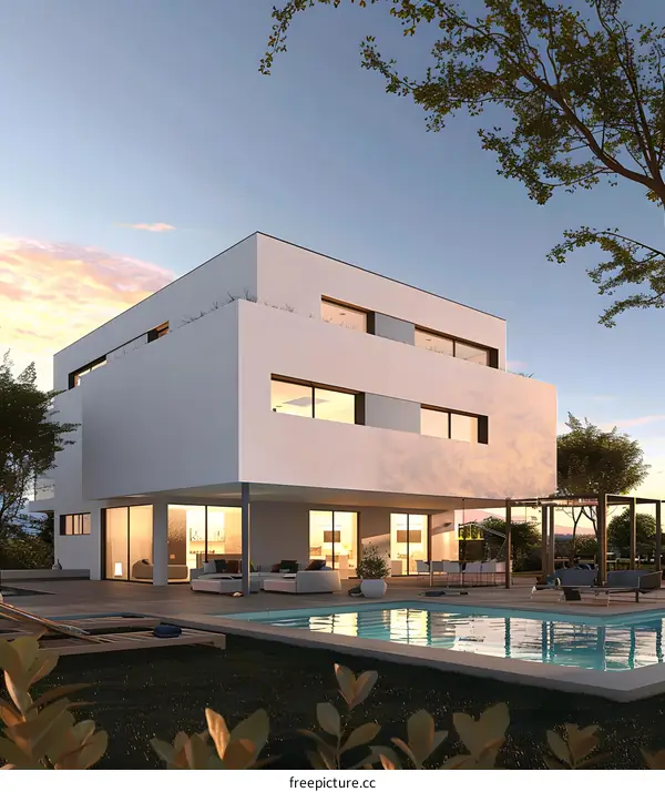 Modern Home With Swimming Pool And Green Grass