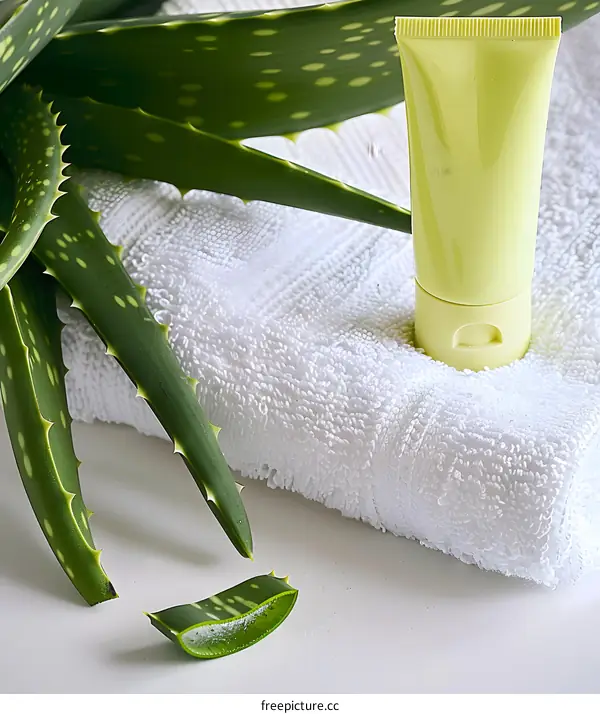 Aloe Vera Plant, Cream Tube, and White Towel on White Background