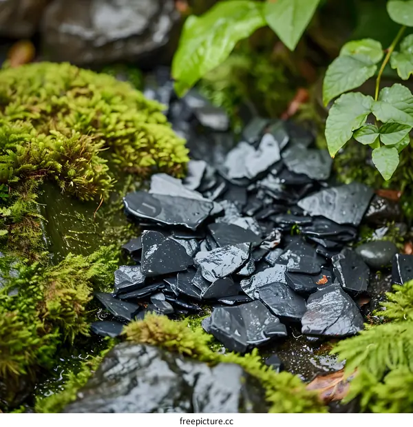 Close Up of Black Slate Rocks and Green Moss in a Garden