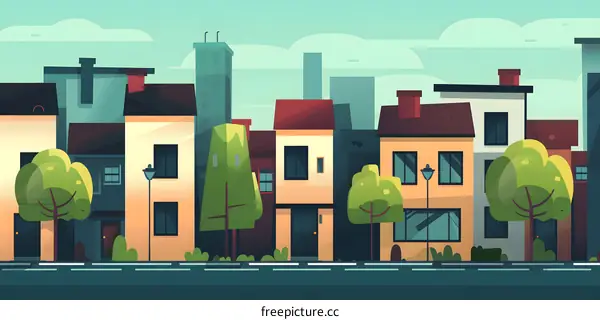 Cartoon Illustration of a City Street with Houses and Trees