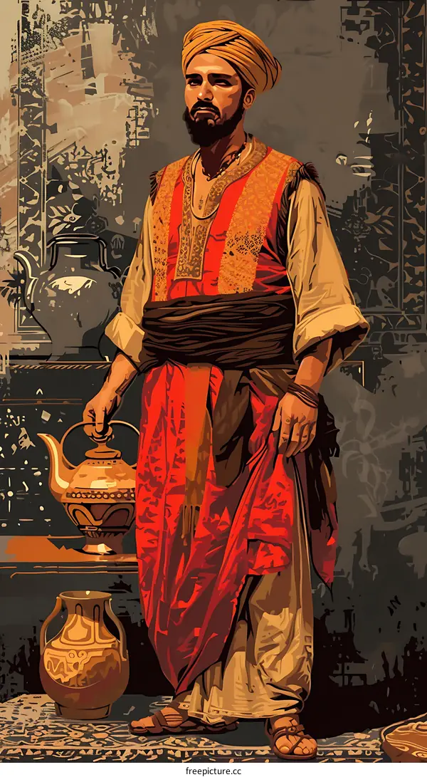 Middle Eastern Man In Traditional Clothing Holding A Teapot