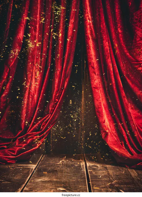 Red Velvet Curtains and Golden Sparkles on Wooden Floor
