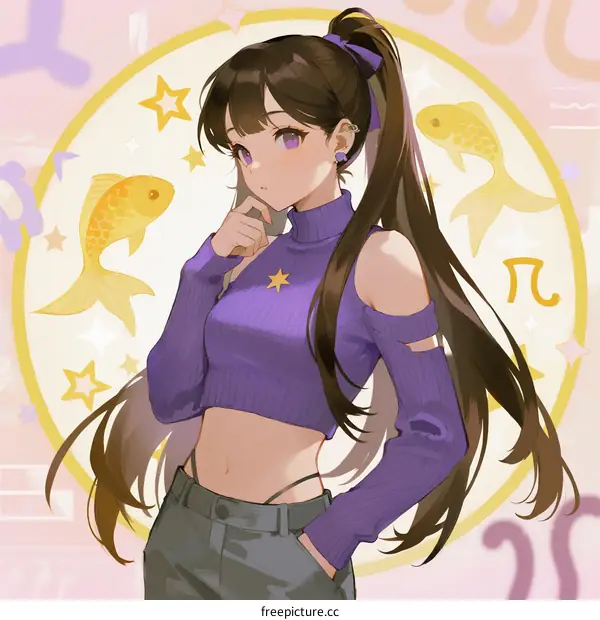 A Young Woman with Long Hair and Purple Sweater in Front of Pisces Background