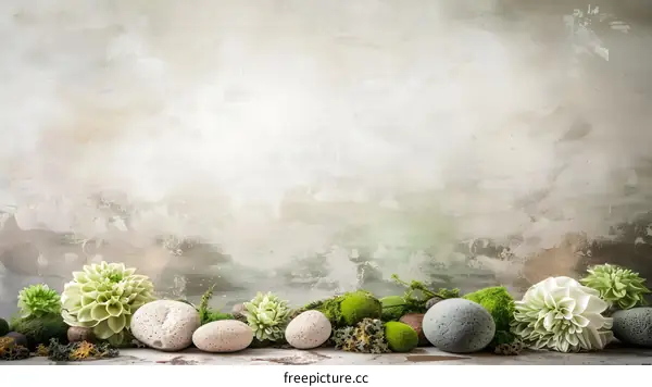 Green Plants and Stones on a Grey Background